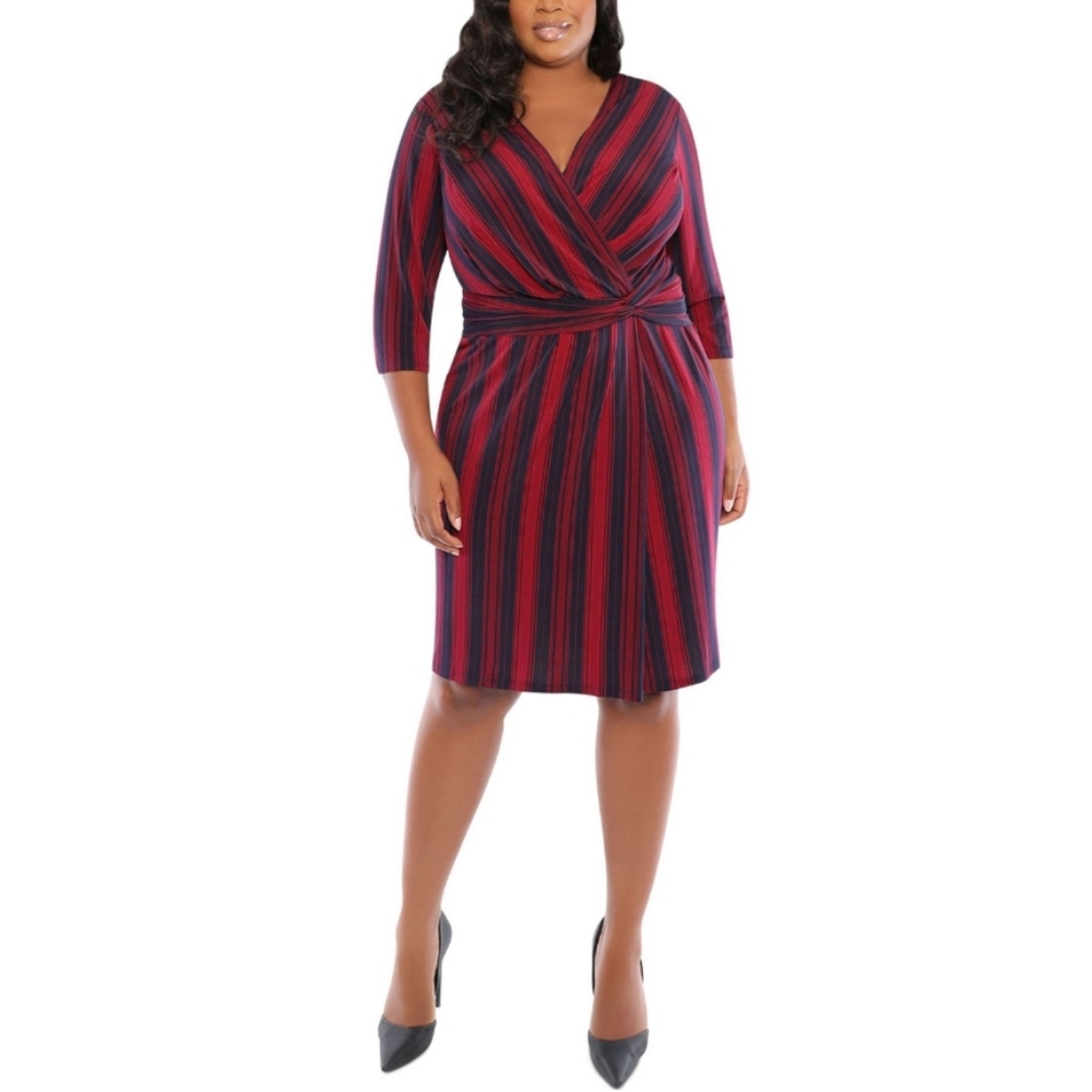 Sale 🔥 Navy & Red V Neck vertical stripes slimming wrap dress 3/4 sleeves